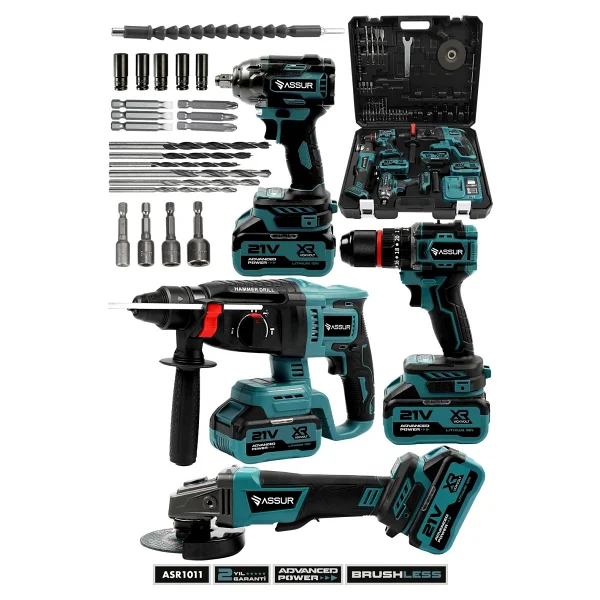 Assur Profesyonel 21v Akülü Kırıcı Delici Hilti & Taşlama & Matkap & Somun Sıkma Sökme 4'lü Set - Görsel 4