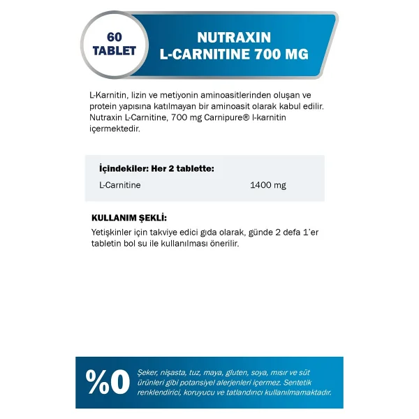 Nutraxin L-Carnitine 60 Tablet Yüksek Dozda Vegan Dostu İçerik Türkiye Menşeli - Görsel 2