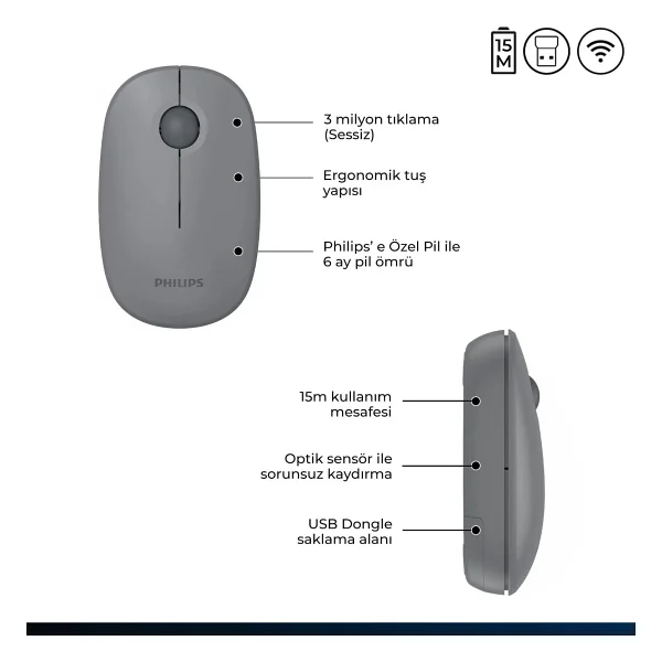 Philips Spk7378 Gri Optik Kablosuz Mouse - Görsel 5