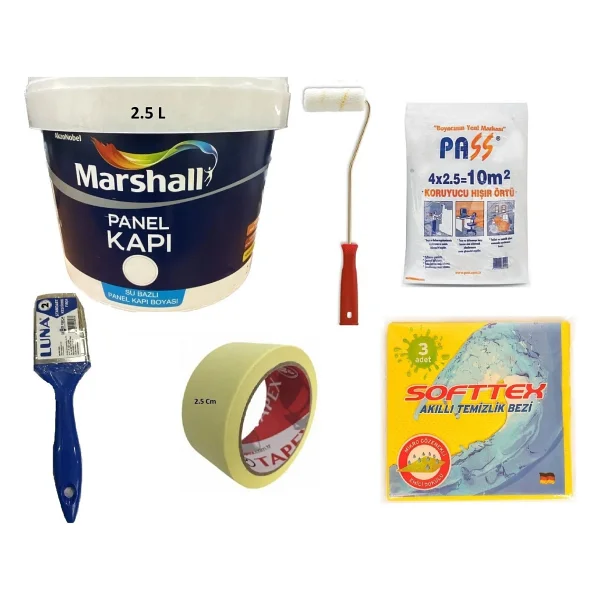 Marshall Su Bazlı Kokusuz Amerikan Panel Kapı Boyası Su Bazlı 2,5 Lt - 6 Parça Boyama Seti - Kum Beji - 2.5 L+ Boyama Seti - Görsel 3