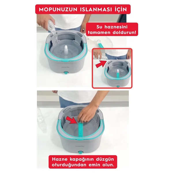 Smarter Aqua Max Özel Seri Temiz & Kirli Suyu Ayırma Çift Kova Üçgen Aparat Temizlik Seti Mop Paspas - Görsel 6