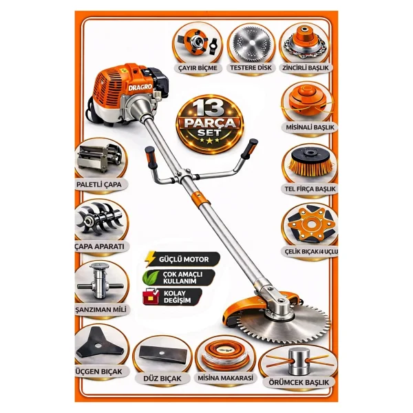 Dragro German Drg-13 + Yan Tipi Benzinli Ot Çalı Çim Biçme Tırpanı + Full Set Hediyeli + Çift Çapa - Görsel 2