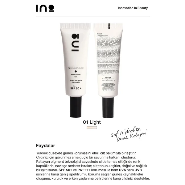 Ino Beauty Nemlendirici Güneş Kremi Spf+50 01 Light Cilt Tonu Eşitleyici (Saf Kolajen) - Görsel 4