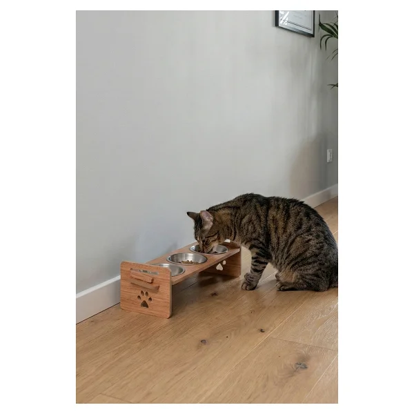 Gobypet Ahşap Üç Gözlü Ayarlanabilir Kedi-Köpek Mama Ve Su Kabı - Kahverengi - Görsel 10