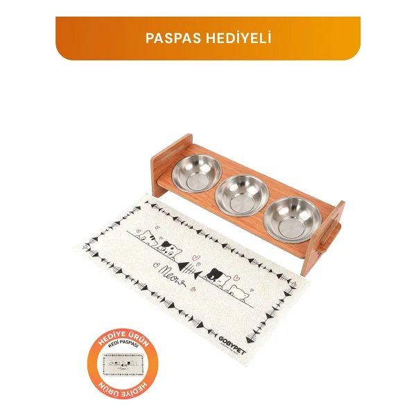 Gobypet Ahşap Üç Gözlü Ayarlanabilir Kedi-Köpek Mama Ve Su Kabı - Kahverengi - Görsel 3