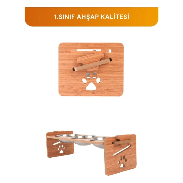 Gobypet Ahşap Üç Gözlü Ayarlanabilir Kedi-Köpek Mama Ve Su Kabı - Kahverengi - Görsel 5
