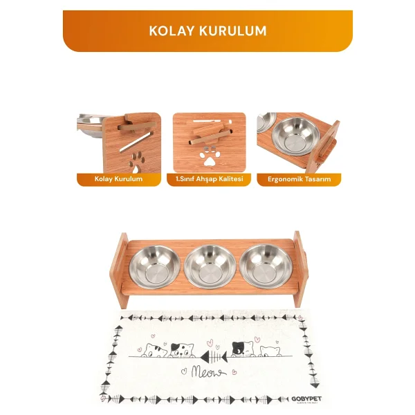 Gobypet Ahşap Üç Gözlü Ayarlanabilir Kedi-Köpek Mama Ve Su Kabı - Kahverengi - Görsel 6