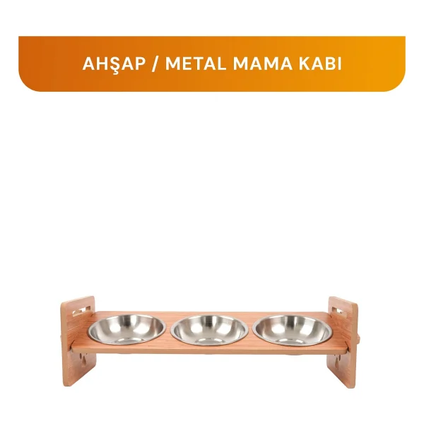Gobypet Ahşap Üç Gözlü Ayarlanabilir Kedi-Köpek Mama Ve Su Kabı - Kahverengi - Görsel 7