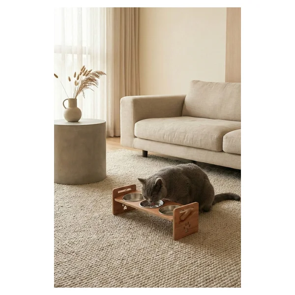 Gobypet Ahşap Üç Gözlü Ayarlanabilir Kedi-Köpek Mama Ve Su Kabı - Kahverengi - Görsel 8