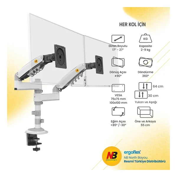 North Bayou H180 17-27 İnç İki Kollu Amortisörlü Monitör Standı - Görsel 2