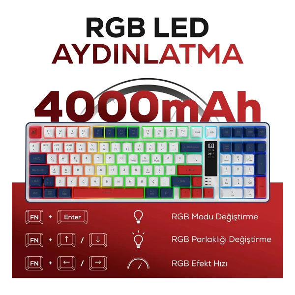 Hawk Gaming Hk257 RGB Membrane Switch Kablolu/Kablosuz Oyuncu Klavyesi - Görsel 2