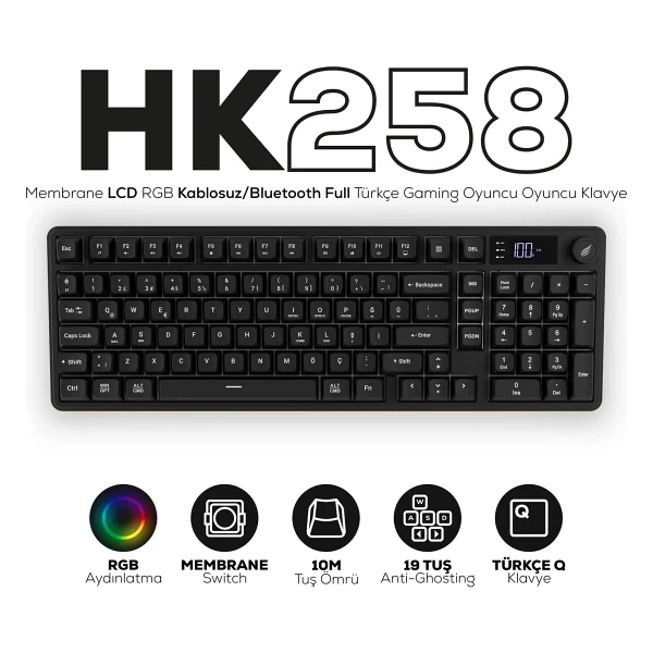 Hawk Gaming Hk258 Siyah RGB Membrane Switch Kablolu/Kablosuz Oyuncu Klavyesi - Görsel 5