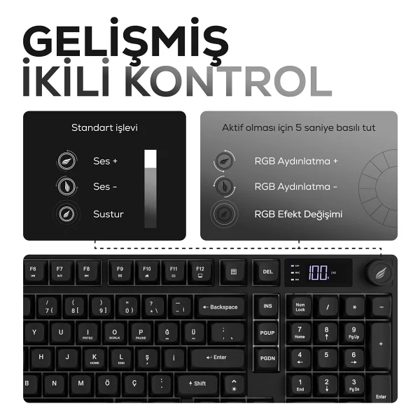 Hawk Gaming Hk258 Siyah RGB Membrane Switch Kablolu/Kablosuz Oyuncu Klavyesi - Görsel 2