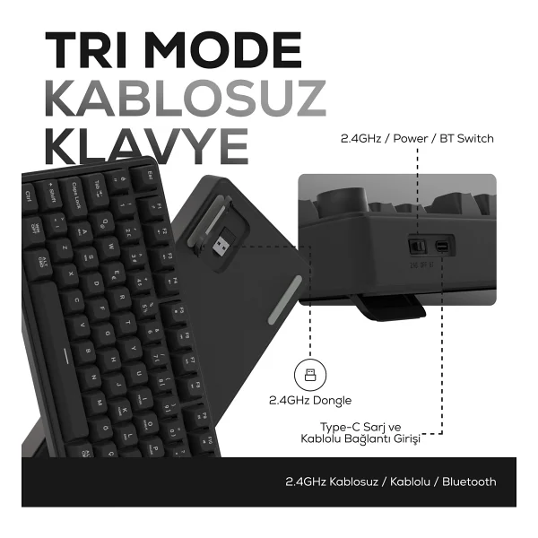 Hawk Gaming Hk258 Siyah RGB Membrane Switch Kablolu/Kablosuz Oyuncu Klavyesi - Görsel 3