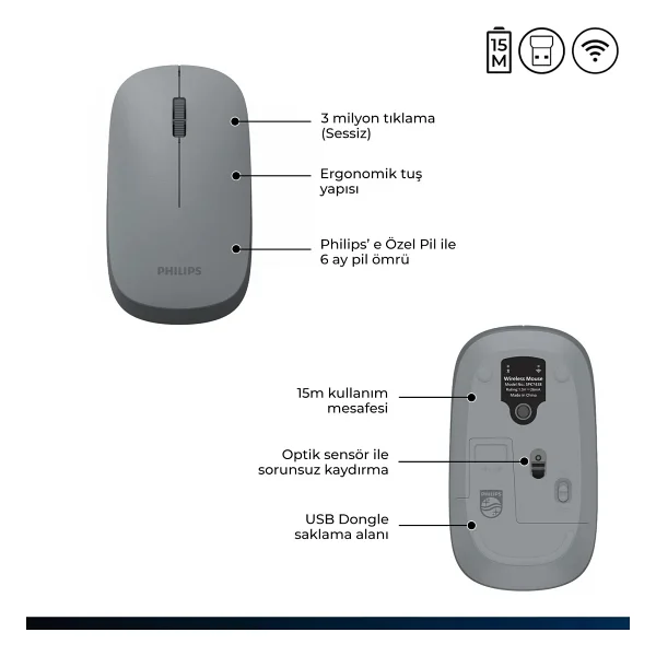 Philips Spk7438 Gri Optik Kablosuz Mouse - Görsel 2