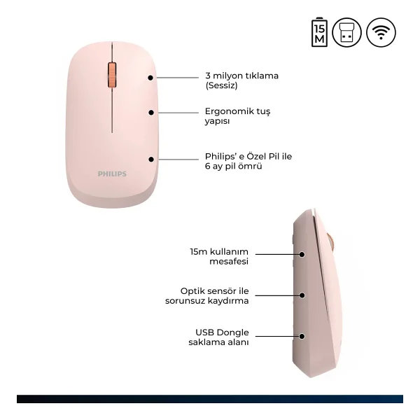 Philips Spk7438 Pembe Optik Kablosuz Mouse - Görsel 2