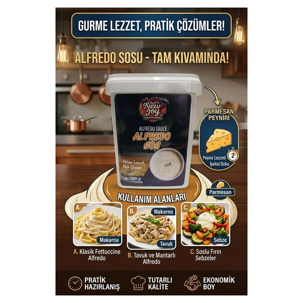 Chef's New Joy Professional Alfredo Sos 1000 Gr Makarna Sosu Toz Parmesan Lezzeti - 1 Kg - Görsel 2