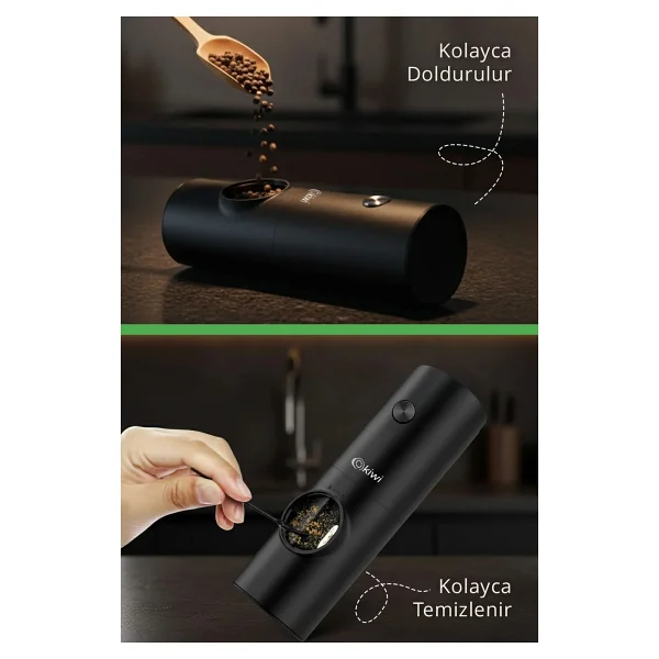 Kiwi Kspg-4850 Pilli Işıklı Tuz Karabiber Değirmeni Otomatik Baharat Öğütücü 2li Paket (Siyah) - Siyah - 70 Ml - Görsel 2