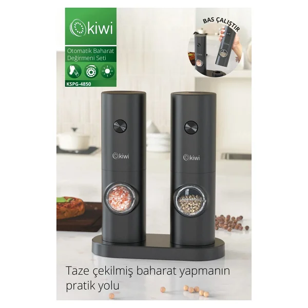 Kiwi Kspg-4850 Pilli Işıklı Tuz Karabiber Değirmeni Otomatik Baharat Öğütücü 2li Paket (Siyah) - Siyah - 70 Ml - Görsel 6