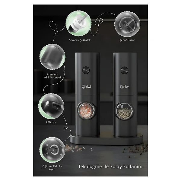 Kiwi Kspg-4850 Pilli Işıklı Tuz Karabiber Değirmeni Otomatik Baharat Öğütücü 2li Paket (Siyah) - Siyah - 70 Ml - Görsel 4