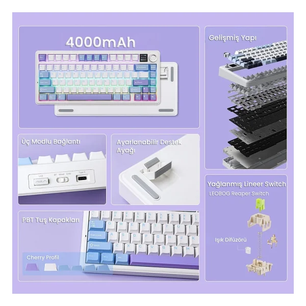Aula F75 Max Mor RGB %75 Tkl Reaper Switch Kablolu/Kablosuz Mekanik Oyuncu Klavyesi - Görsel 2