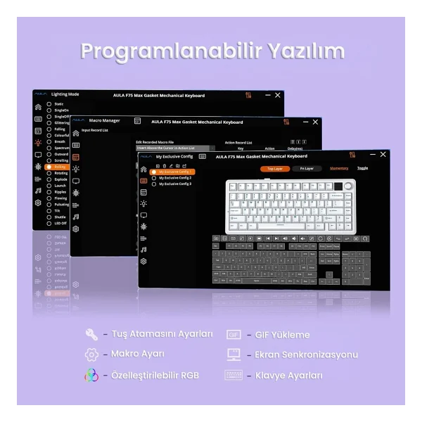 Aula F75 Max Mor RGB %75 Tkl Reaper Switch Kablolu/Kablosuz Mekanik Oyuncu Klavyesi - Görsel 7
