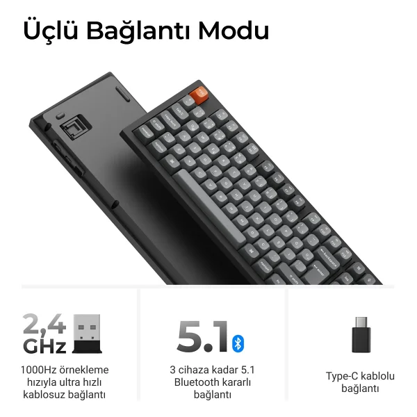 Keychron K10 Max Qmk RGB %100 Super Red Switch Kablolu/Kablosuz Mekanik Oyuncu Klavyesi - Görsel 2