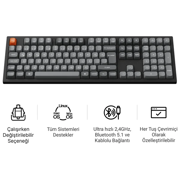 Keychron K10 Max Qmk RGB %100 Super Red Switch Kablolu/Kablosuz Mekanik Oyuncu Klavyesi - Görsel 3