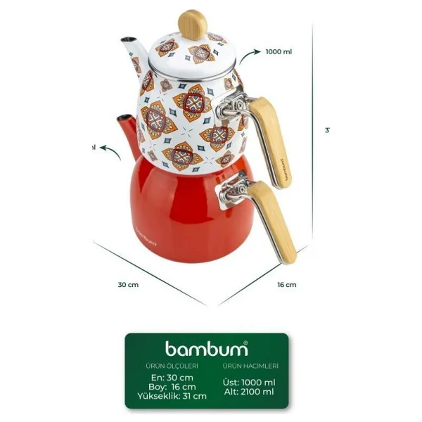 Bambum Unique Bambu Kulplu Turuncu Emaye Çaydanlık - Görsel 9