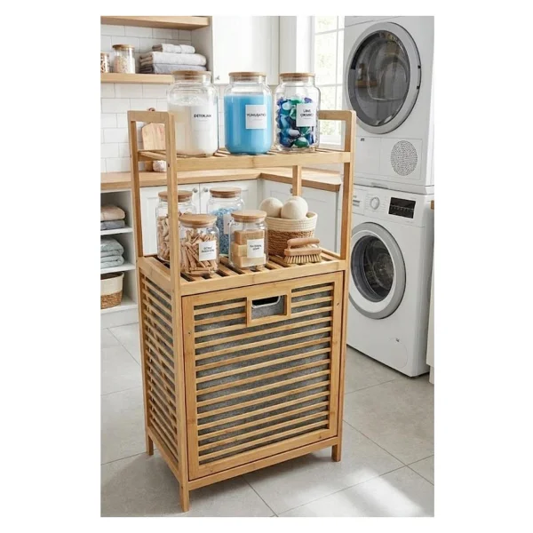 Mien Bambu Dikey Çamaşır Sepeti Raflı Çamaşır Sepeti 40x30x95 Cm Bambu - Görsel 2