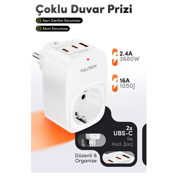 Fulltech Ftr-24 Çoklu Duvar Prizi 16a 3680w Beyaz 2x USB-C + 1x USB-A Şarjlı Priz Akım Korumalı (Surge Protection) Akıllı Priz - Görsel 6