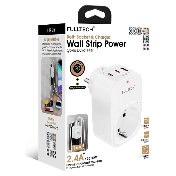 Fulltech Ftr-24 Çoklu Duvar Prizi 16a 3680w Beyaz 2x USB-C + 1x USB-A Şarjlı Priz Akım Korumalı (Surge Protection) Akıllı Priz - Görsel 4