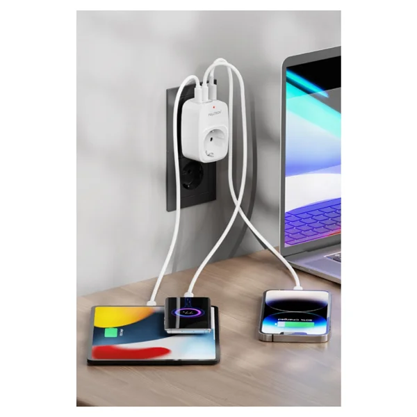 Fulltech Ftr-24 Çoklu Duvar Prizi 16a 3680w Beyaz 2x USB-C + 1x USB-A Şarjlı Priz Akım Korumalı (Surge Protection) Akıllı Priz - Görsel 5