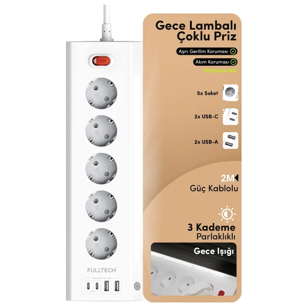 Fulltech Ftr-26 1050 Joule Anahtarlı Usb'li 2 M 9'lu Akım Korumalı Priz - Görsel 6