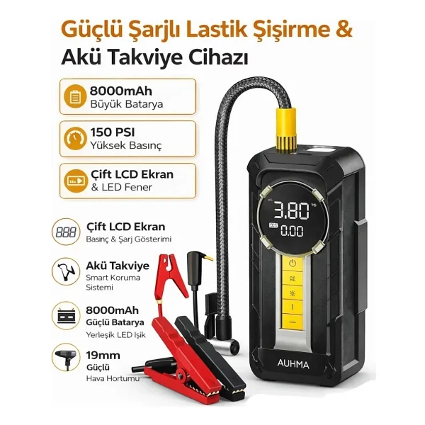 Auhma A8899 Akü Takviye Cihazı & Hava Kompresörü - 80000mAh Powerbank, 150 PSI, 1000A Peak, LED Fene - Görsel 2
