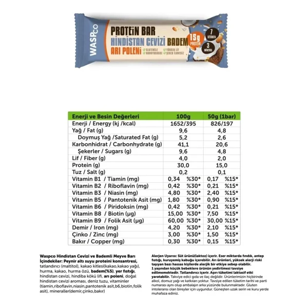Waspco Yüksek Protein Bar 50g Karma Kutu 12 Adet 4 Çeşit 15 Gram Protein İçeren Sağlıklı Atıştırmalık - Görsel 8