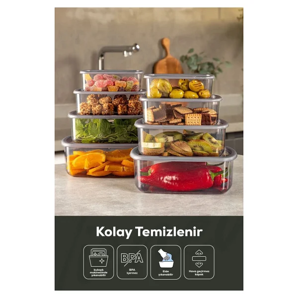 Vienev 8li Hava Geçirmez Saklama Kabı Seti Gri Bpa İçermeyen Dayanıklı Plastik 250-500-750-1200 Ml - Görsel 6