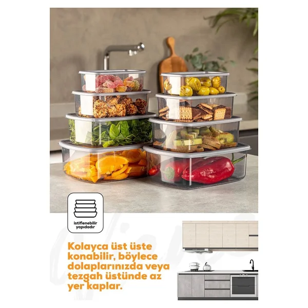 Vienev 8li Hava Geçirmez Saklama Kabı Seti Gri Bpa İçermeyen Dayanıklı Plastik 250-500-750-1200 Ml - Görsel 7