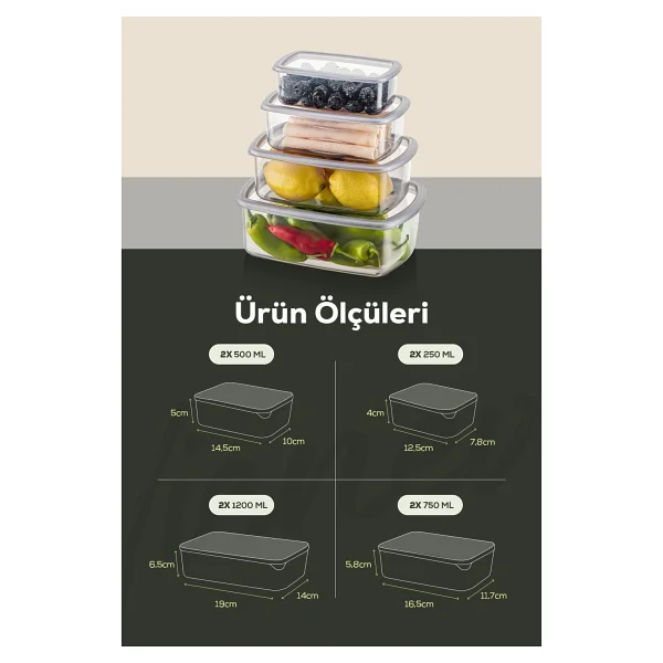 Vienev 8li Hava Geçirmez Saklama Kabı Seti Gri Bpa İçermeyen Dayanıklı Plastik 250-500-750-1200 Ml - Görsel 10