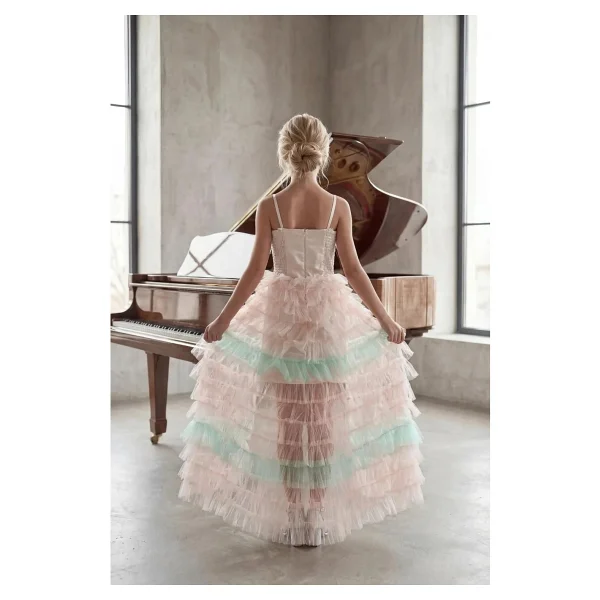 Butik Happy Kids Kız Çocuk Pudra Payetli Kuyruklu Abiye Elbise Tül Detaylı Mini Uzun Kuyruklu Prenses Model Abiye Elbise 8-16 Yaş - Çok Renkli - 14 - 15 Yaş - Görsel 3