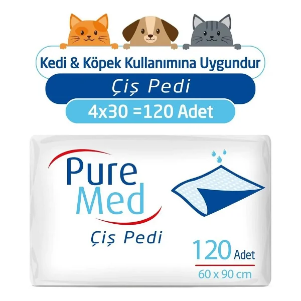 Pure Med Kedi Köpek Çiş Pedi 60 X 90 Cm 120 Adet Kaymaz Taban İle Güvenli Kullanım Amaçlı - Görsel 3