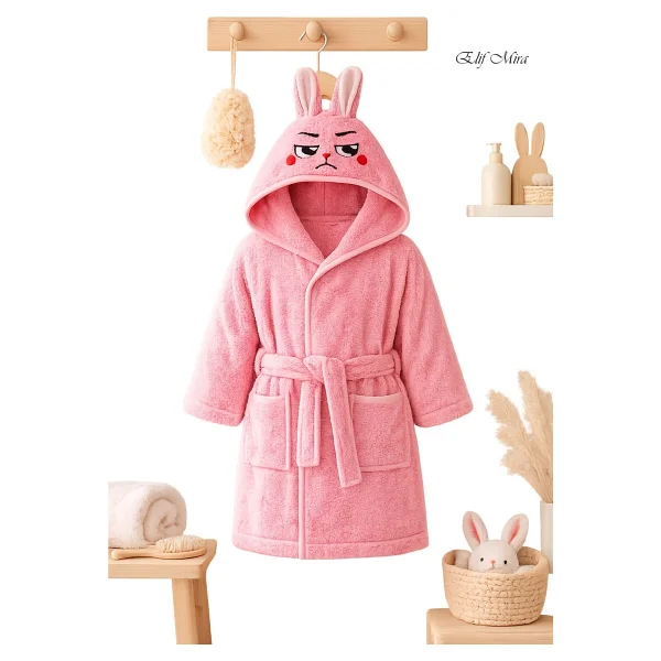 Elif Mira Kapşonlu Pamuklu Çocuk Bornozu Joyful Zoo - 7 - 8 Yaş - Pembe - Görsel 5