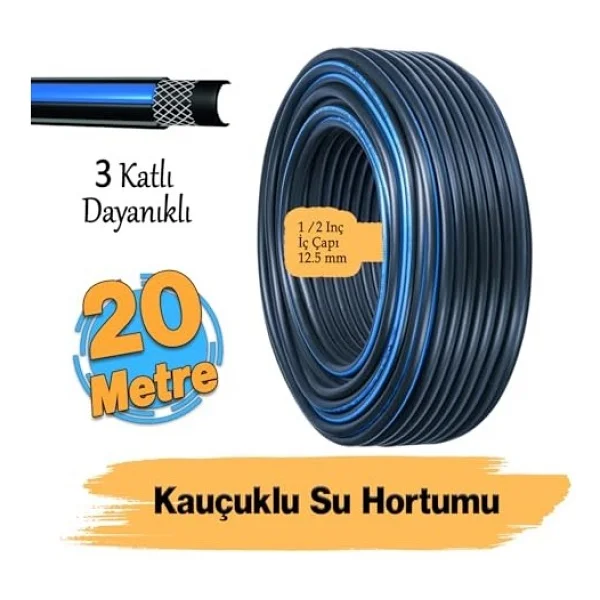 Termo Kauçuklu Bahçe Hortumu 20 Metre Dayanıklı 3 Katlı Sağlam Su Sulama Yıkama Hortum 12.5 Mm 1/2" - Görsel 5