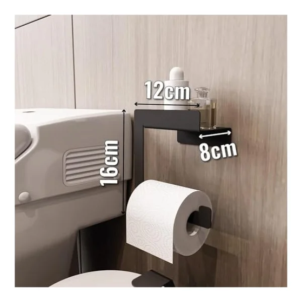 Raflı Tuvalet Kağıtlığı, Banyo Tuvalet Kağıtlık, Wc Tuvalet Kağıdı Tutucu, Banyo Tuvalet Kağıdı Askısı, Tuvalet Kağıdı Aparatı, Metal Tuvalet Kağıdı Standı (Metal, Siyah) - Görsel 3