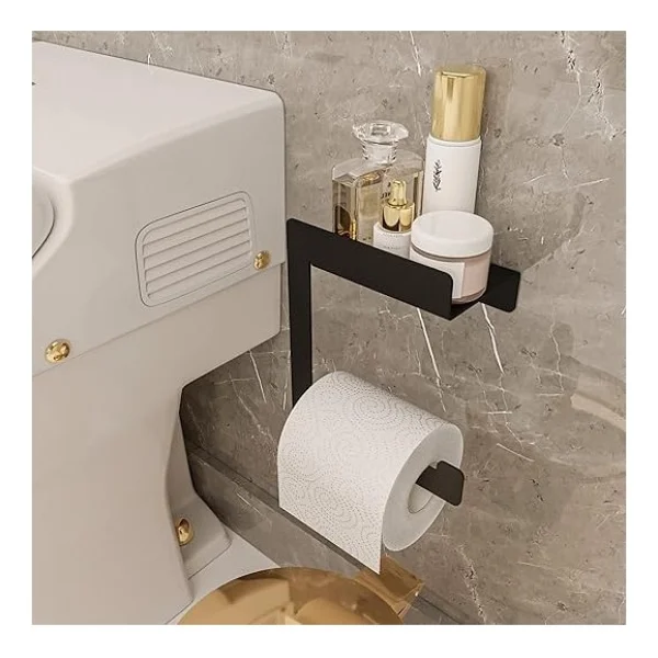 Raflı Tuvalet Kağıtlığı, Banyo Tuvalet Kağıtlık, Wc Tuvalet Kağıdı Tutucu, Banyo Tuvalet Kağıdı Askısı, Tuvalet Kağıdı Aparatı, Metal Tuvalet Kağıdı Standı (Metal, Siyah) - Görsel 4