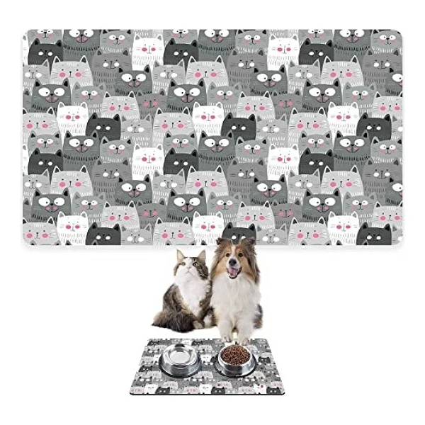Monnhein Mama Ve Su Evcil Hayvan Beslenme Matı, Kolay Temizlenen Emici Su Geçirmez Kumaş, Küçük Orta Boy Ve Büyük Kedi Ve Köpekler İçin Dayanıklı Köpek Kedi Paspas (40x60, Gri Kediler) - Görsel 6