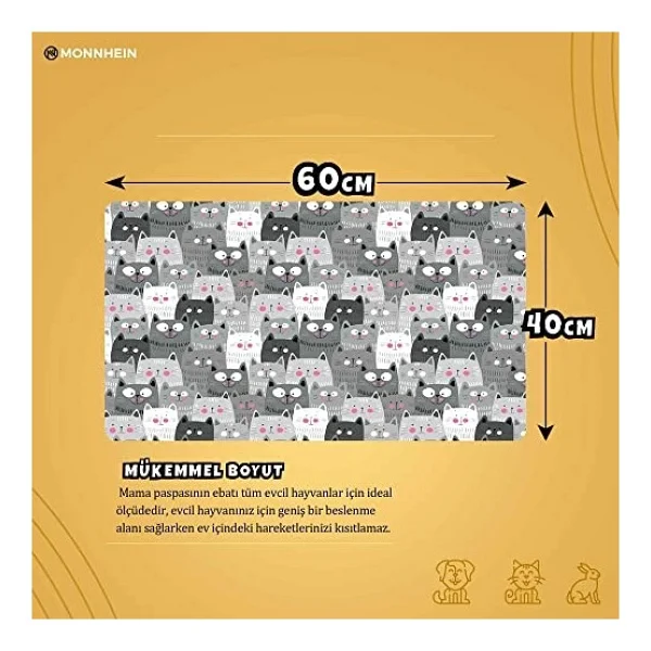 Monnhein Mama Ve Su Evcil Hayvan Beslenme Matı, Kolay Temizlenen Emici Su Geçirmez Kumaş, Küçük Orta Boy Ve Büyük Kedi Ve Köpekler İçin Dayanıklı Köpek Kedi Paspas (40x60, Gri Kediler) - Görsel 2