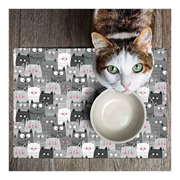 Monnhein Mama Ve Su Evcil Hayvan Beslenme Matı, Kolay Temizlenen Emici Su Geçirmez Kumaş, Küçük Orta Boy Ve Büyük Kedi Ve Köpekler İçin Dayanıklı Köpek Kedi Paspas (40x60, Gri Kediler) - Görsel 5