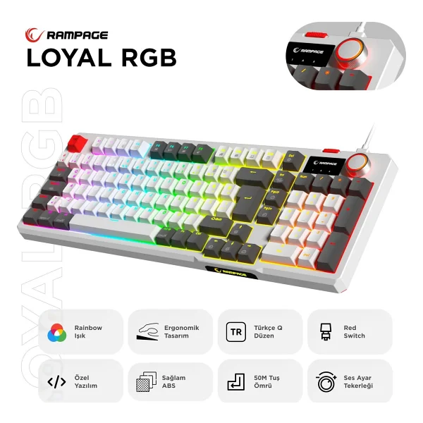 Rampage Loyal Beyaz-Gri RGB Red Switch Kablolu Mekanik Oyuncu Klavyesi - Görsel 9