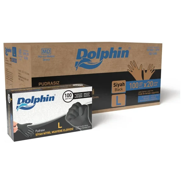 Dolphin Pudrasız Çok Amaçlı Siyah Nitril Büyük Boy (L) 100'lü 20 Paket Eldiven - Görsel 2